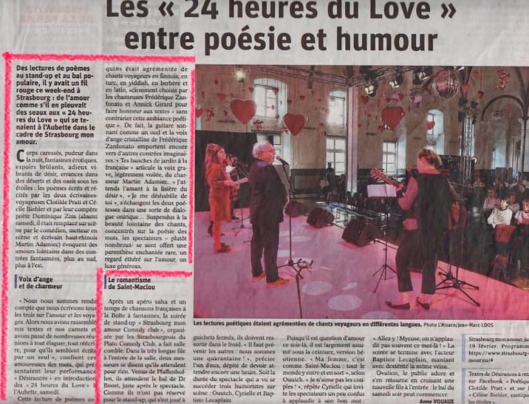 "Désirances, lecture poétique et musciale", avec Dominique Zins, Cécile Biehler, Frédérique Zanfonato, et Annick Girard, à l'Aubette, festival Strasbourg mon amour, février 2023. article DNA.