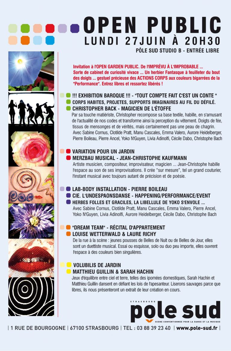 Open public, performances poétiques et danse,  dirigé par Pierre Boileau, Pôle Sud, Strasbourg, juin 2011.