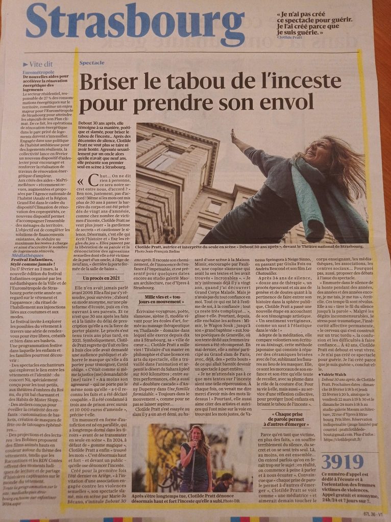 DEBOUT 30 ans après, seule en scène témoignage.