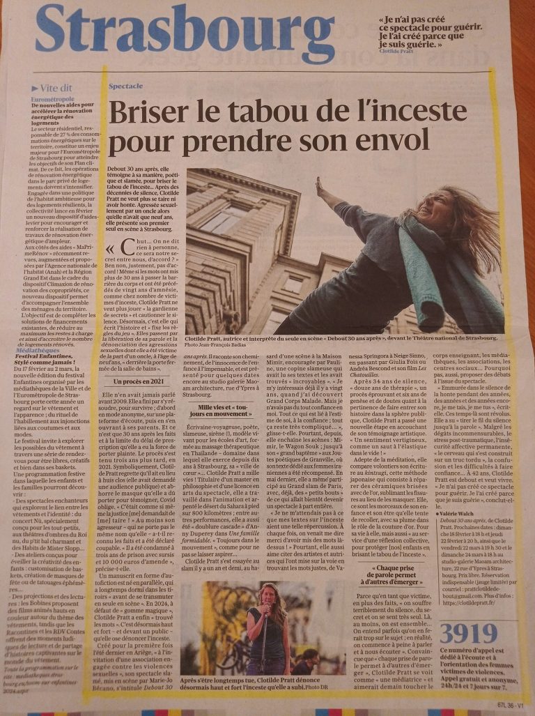 DEBOUT 30 ans après, seule en scène témoignage.